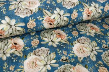 French Terry angeraut Rose & Echeveria auf Jeansoptik Blau